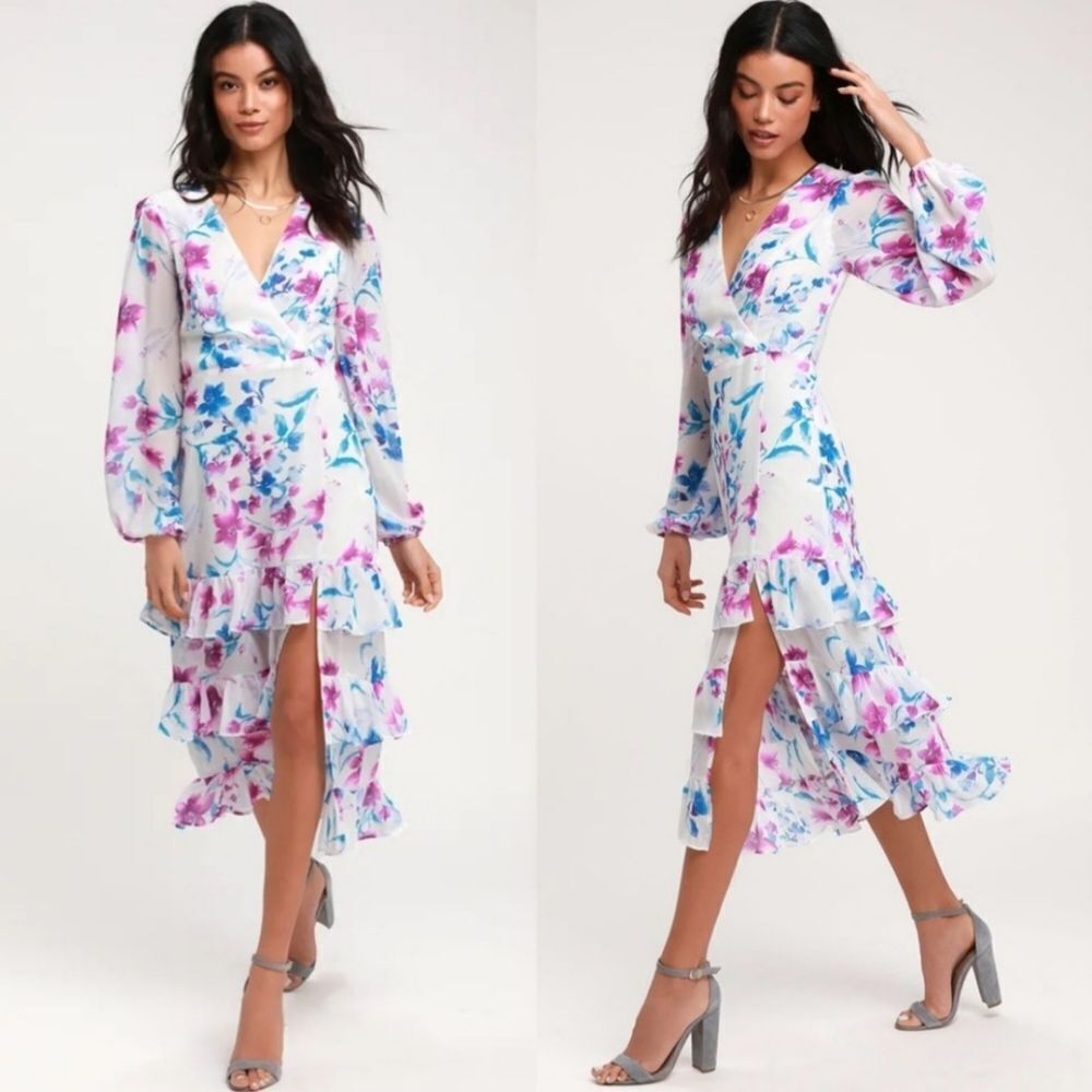 Lulus Sweet Sunday Cream and Purple Floral Print Midi Dress